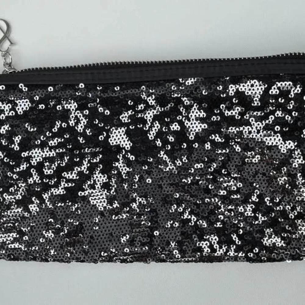 Victoria’s Secret Sequin Makeup Bag Cosmetic Pouch Black Gold EUC